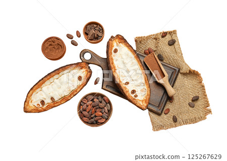 Cacao pods are sliced to reveal sweet filling, with nearby beans for chocolate preparation, isolated on white, PNG 125267629