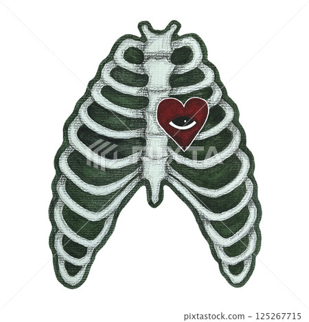 Watercolor hand-drawn red heart with all seeing eye surrounded by green bones human ribs, illustration of a magic human heart with all seeing eye and human bones isolated on white background, mystical 125267715