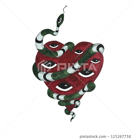 Watercolor hand-drawn red heart with all seeing eye surrounded by a green snake with black and white stripes, illustration of a magic human heart with all seeing eye and milk snake, mystical heart 125267738