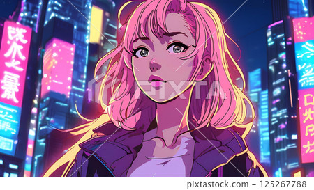 Young Asian woman walking through a cyberpunk neon city (near future, night view, neo-Asia) 125267788