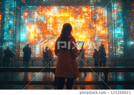 Female tourist admires futuristic art installation Female tourist admires futuristic art installation 125268021