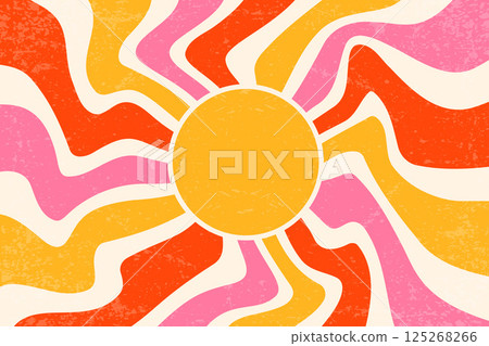 Sunrays retro background. Vintage vector summer 70s poster. Abstract swirl groovy design with grunge texture. Old paper banner with psychedelic orange and pink spiral beams on pastel backdrop. Sunrays retro background. Vintage vector summer 70s poster. Abstract swirl groovy design with grunge texture. Old paper banner with psychedelic orange and pink spiral beams on pastel backdrop. 125268266