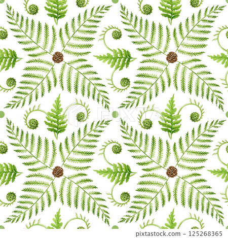 Green lush fern leaf geometric tile seamless pattern decor painted illustration. Hand drawn forest floral elegant natural decoration element. Fern leaves pattern design element on white background Green lush fern leaf geometric tile seamless pattern decor painted illustration. Hand drawn forest floral elegant natural decoration element. Fern leaves pattern design element on white background 125268365