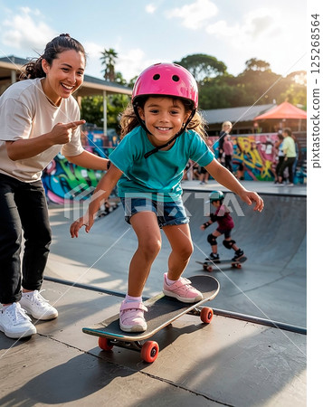 Happy Girl 7 years old skateboards down a ramp at a skate park with an instructor Happy Girl 7 years old skateboards down a ramp at a skate park with an instructor 125268564