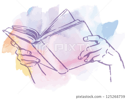 Illustration of a scene where a person is reading a book. Hands and books. Watercolor style vector illustration material. 125268739
