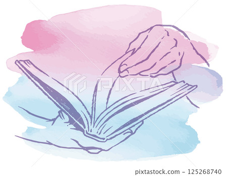 Illustration of a scene where a person is reading a book. Hands and books. Watercolor style vector illustration material. Illustration of a scene where a person is reading a book. Hands and books. Watercolor style vector illustration material. 125268740