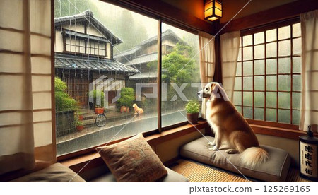 雨滴落在窗戶上，一隻狗向外張望 125269165