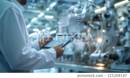 Engineer uses digital tablet to monitor automated industrial processes 125269197