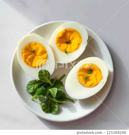 eggs, tomatoes and basil in a plate 125269298