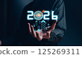Businessman analyzing 2025 profit growth performance for the 2025-2026 financial plan. Image depicts market concepts, finance trends, revenue graphs, money, and profitability analysis for future 125269311