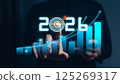 Businessman analyzing 2025 profit growth performance for the 2025-2026 financial plan. Image depicts market concepts, finance trends, revenue graphs, money, and profitability analysis for future 125269317