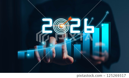 Businessman analyzing 2025 profit growth performance for the 2025-2026 financial plan. Image depicts market concepts, finance trends, revenue graphs, money, and profitability analysis for future 125269317