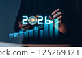 Businessman analyzing 2025 profit growth performance for the 2025-2026 financial plan. Image depicts market concepts, finance trends, revenue graphs, money, and profitability analysis for future 125269321