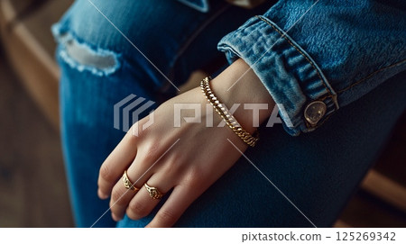 Fashion photo of gold accessories and denim 125269342