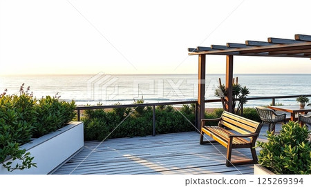 Beachfront Terrace with Wooden Bench and Greenery Overlooking Ocean | Realistic Summer Vacation Background. 125269394