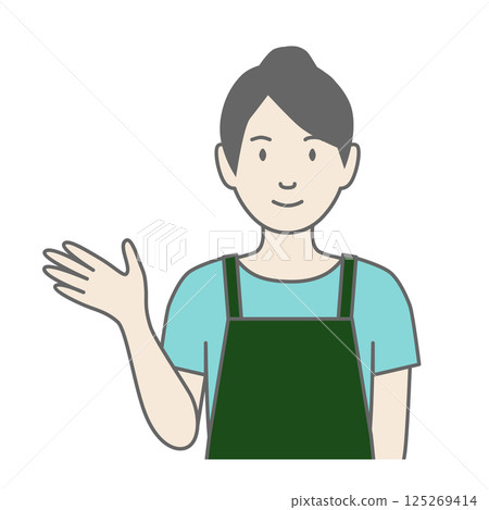 An illustration of a woman wearing an apron guiding customers 125269414