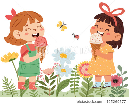 two Cute little girl eating cone ice-cream in the meadow two Cute little girl eating cone ice-cream in the meadow 125269577