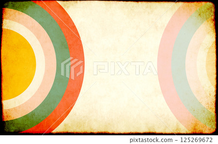 Vintage grunge background with paper texture and circular striped pattern of different colors. Horizontal or vertical retro banner with paper texture. Vintage cardboard backdrop. Copy space for text 125269672