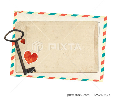 Cute Valentine background with key with a heart pendant, retro postcard on wood board. Backdrop with vintage key, old card on wooden plank. Nostalgic scrapbooking mock up template. Isolated on white 125269673