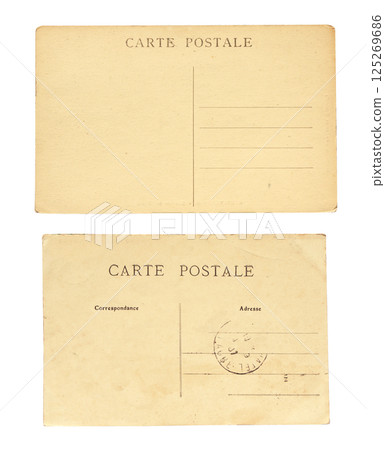 Set of blank vintage aged postcards. Retro blank post card. Isolated on white background. Back of the card with inscription Carte Postale - postcard in french. Mock up template. Copy space for text Set of blank vintage aged postcards. Retro blank post card. Isolated on white background. Back of the card with inscription Carte Postale - postcard in french. Mock up template. Copy space for text 125269686