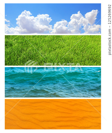 Horizontal nature banners with water, sand, grass and a blue sky with clouds, creating a peaceful scene. Environmentally friendly and conservation-minded environment concept. Copy space for text 125269692