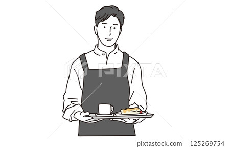 Illustration of a male cafe clerk wearing an apron 125269754