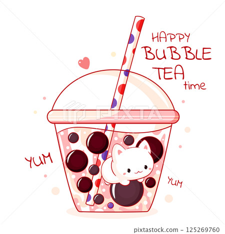 Lovely little kitty in bubble tea cup. Baby card  in kawaii style with cute little pet in Boba Tea cup. Childish print with funny cat for t-shirt  print, stickers, greeting card design. Vector EPS8 125269760