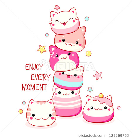 Stack of traditional Chinese animal-shaped mantou buns. Cute cat-shaped dessert in kawaii style. Inscription So sweet. Can be used for t-shirt print, sticker, greeting card. Vector illustration EPS8 Stack of traditional Chinese animal-shaped mantou buns. Cute cat-shaped dessert in kawaii style. Inscription So sweet. Can be used for t-shirt print, sticker, greeting card. Vector illustration EPS8 125269763