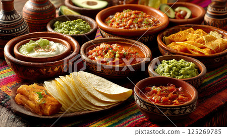 vibrant spread of Mexican food featuring tacos, guacamole, salsa, and tortilla chips 125269785