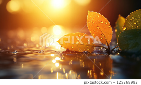 Autumn leaves with water droplets floating on water surface during golden sunrise. Concept of seasonal change, nature detail, and tranquil environment photography 125269982