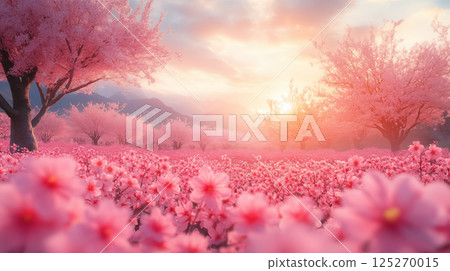 Cherry blossom trees blooming in pink meadow with mountain backdrop at sunset, creating dreamy spring landscape. Concept of seasonal beauty, tranquility, and nature renewal Cherry blossom trees blooming in pink meadow with mountain backdrop at sunset, creating dreamy spring landscape. Concept of seasonal beauty, tranquility, and nature renewal 125270015