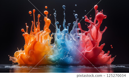 Colorful liquid splashes against black background, concept of creativity and dynamic motion in fluid photography 125270034
