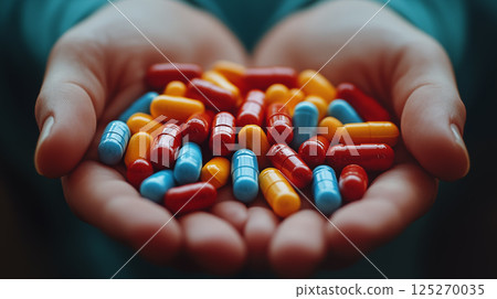 Colorful medicine capsules held in cupped hands showing pharmaceutical variety. Blue, red, and yellow pills collection displaying medication concept for healthcare and treatment 125270035