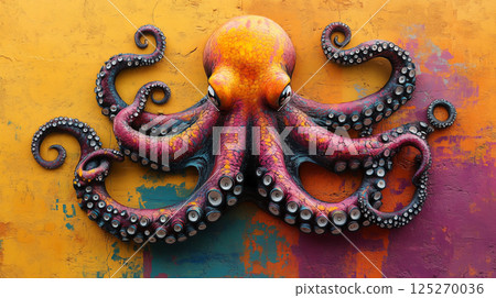 Colorful octopus with vibrant tentacles against textured yellow wall background, showcasing detailed suckers and organic patterns. Concept of marine wildlife, underwater creatures and artistic 125270036