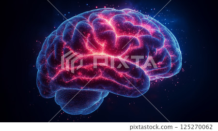 Digital brain visualization with glowing neural connections on dark background illuminating thought processes. Neuroscience concept for artificial intelligence and cognitive research 125270062