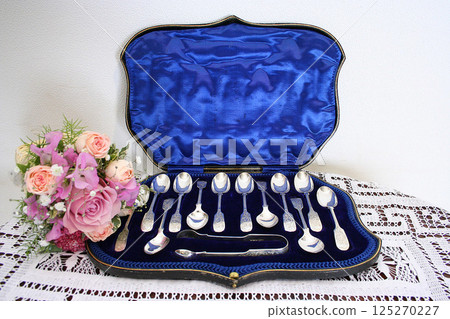 British silver spoon set and flower basket 125270227