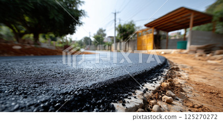Freshly paved black asphalt road with smooth surface at residential driveway entrance 125270272