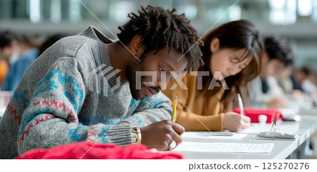 Students focused on taking educational admission test in classroom setting 125270276