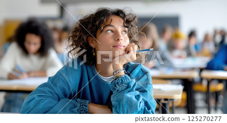 thoughtful student in classroom setting, holding pencil and gazing out while others focus 125270277