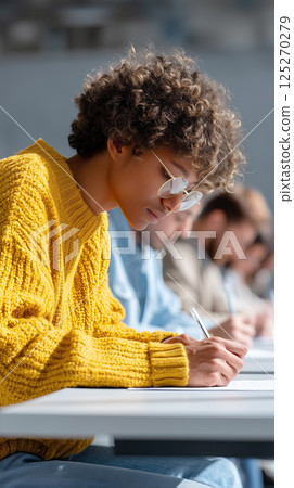 focused student in yellow sweater writes during educational admission test in classroom 125270279