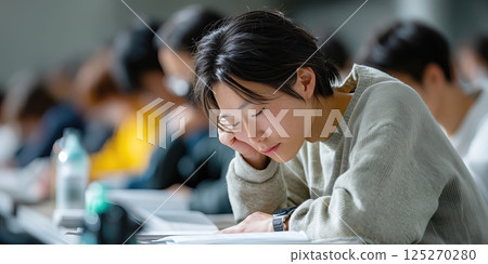 student focusing on educational admission test in classroom setting 125270280