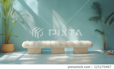 Fluffy bench with palm plants in minimalist turquoise room, interior design with natural elements and soft light for modern living space concept 125270467