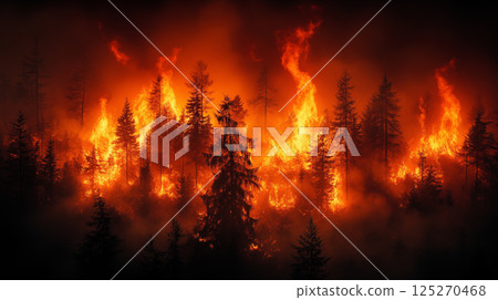 Forest fire burning pine trees at night, environmental disaster with tall flames destroying woodland, climate change emergency concept Forest fire burning pine trees at night, environmental disaster with tall flames destroying woodland, climate change emergency concept 125270468