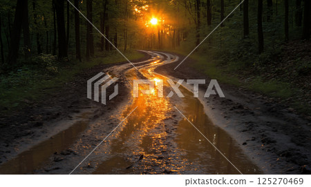 Forest path with sunset light reflecting in puddles on wet dirt road, nature journey through woodland concept 125270469