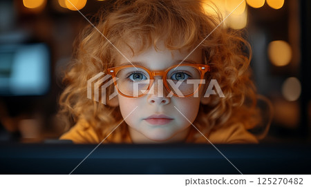 Ginger child wearing orange glasses looking at computer screen with bokeh lights in background. Serious girl with freckles and curly hair using digital technology for education 125270482