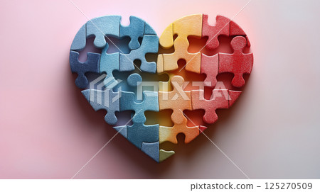 Heart-shaped puzzle with gradient blue to red color scheme on pink background, missing pieces in center. Concept of love, relationships, autism awareness, connection, and emotional intelligence 125270509