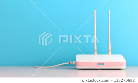 modern web router sits against vibrant blue background, showcasing its connectivity features and sleek design 125270698
