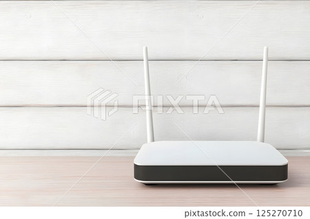 modern web router sits on wooden surface, showcasing its sleek design and antennas, ensuring optimal connectivity for devices 125270710