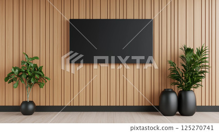 modern interior design featuring sleek wall mounted television wooden panel backdrop, complemented by stylish potted plants that enhance serene 125270741