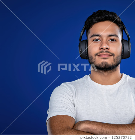 confident individual wearing headphones stands against vibrant blue background, showcasing modern web platform for streaming music 125270752